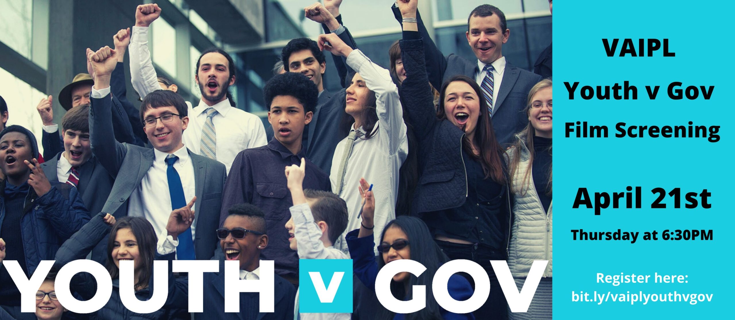image of young people dressed business casual with text overlayed "Youth v. Gov"