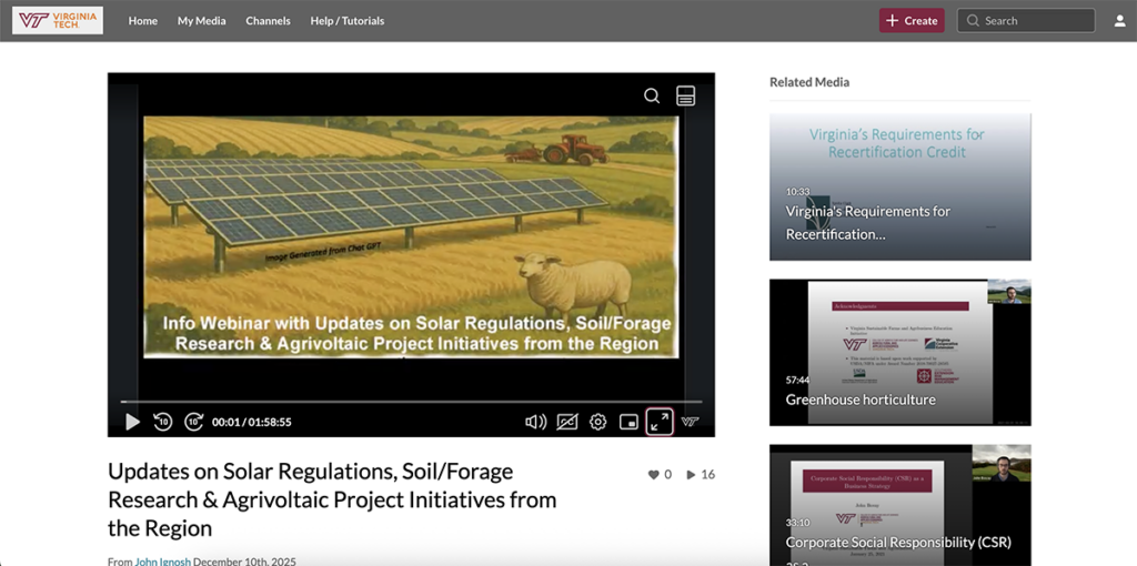 Screen shot of webinar recording on updates on solar regulations, soil/forage research and agrivoltaic project initiatives, hosted jointly by Virginia Tech, Virginia Cooperative Extension and Virginia DEQ.