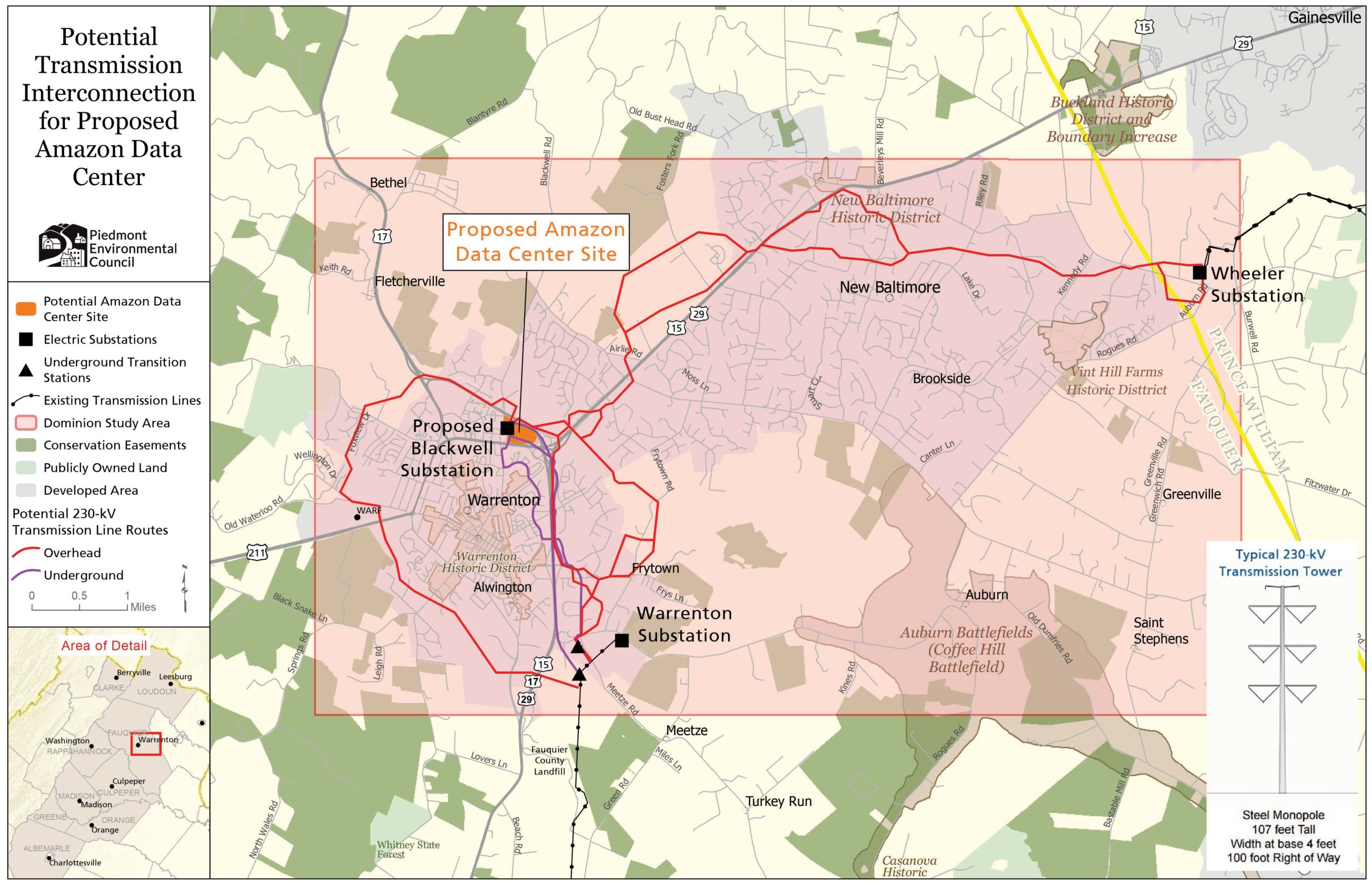 a map shows a boxed area around Warrenton, Virginia with multiple red and purple lines depicting potential transmission line routes
