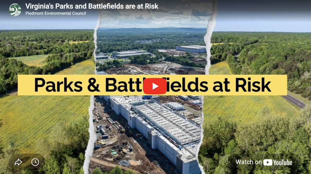 YouTube video cover image showing a "ripped page" effect of farmland with a data center superimposed over it and text that reads "Parks & Battlefields at Risk."
