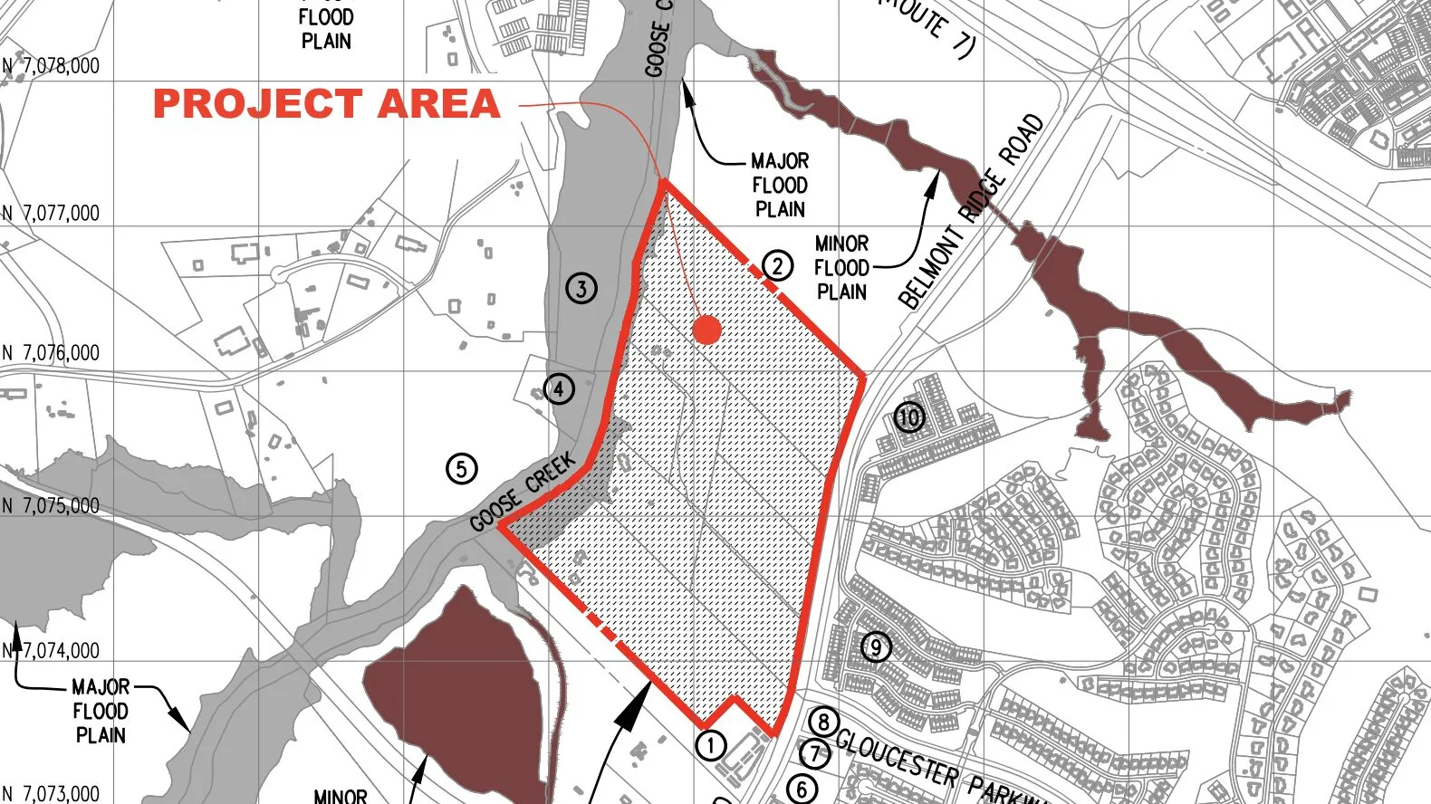 map showing a red project area between Goose Creek and residential development along Belmont Ridge Road