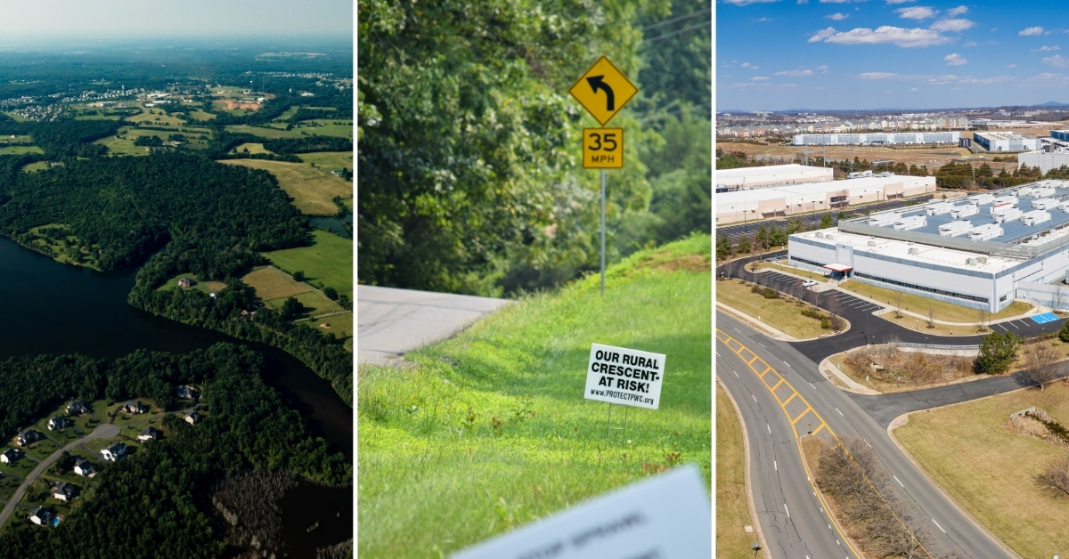 from left to right, aerial image of Prince William County, image of rural crescent sign, aerial image of a data center in Loudoun County