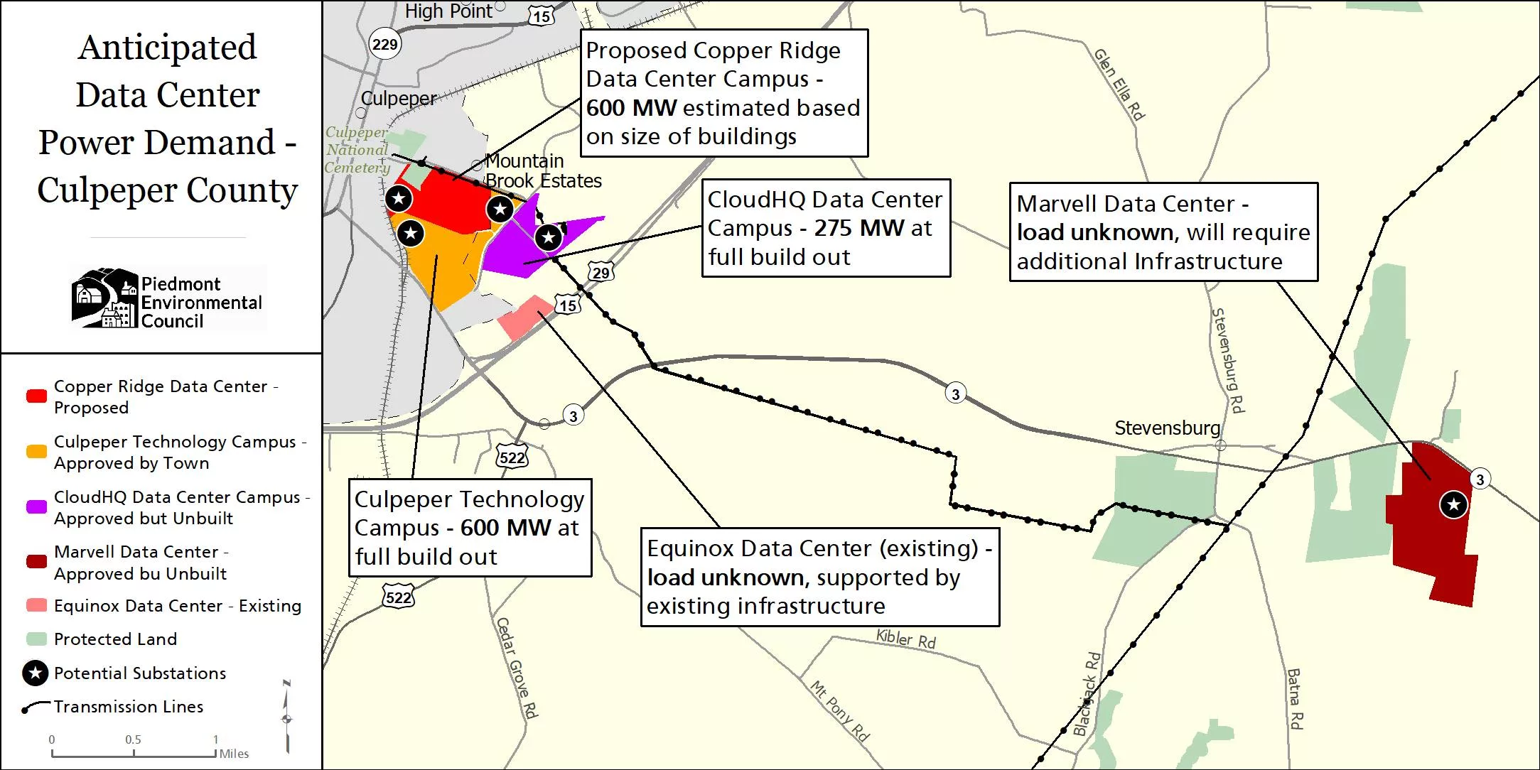 Map showing a cluster of five proposed, approved or existing data  centers in and around downtown Culpeper, plus a data center near Stevensburg, with transmission lines running nearby