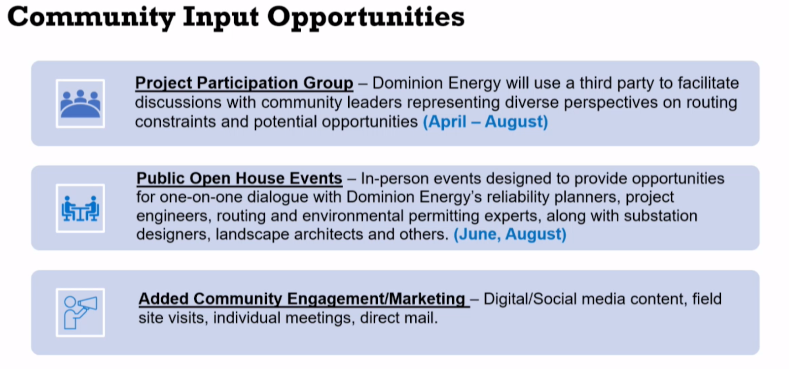 screenshot of presentation slide that says "community input opportunities: project participation group (April-August), public open house events (June, August), added community engagement/markting
