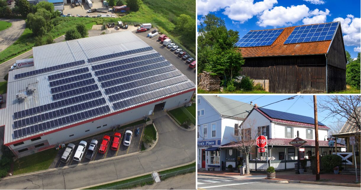 three images of small-scale solar on buildings
