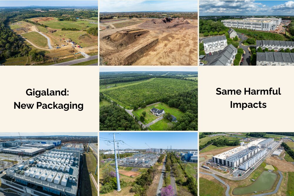Grid of images showing the impacts of data center development, with the Town of Remington, still green and undeveloped, at the center. The text reads, "Gigaland: New Packaging, Same Harmful Impacts."