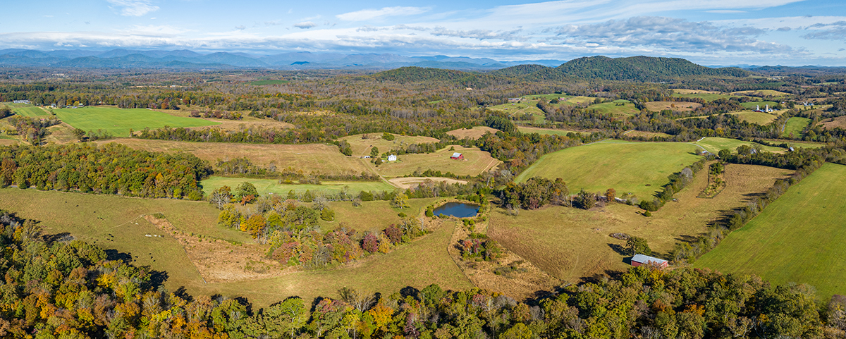 an aerial mosaic of rural land with a blue pond