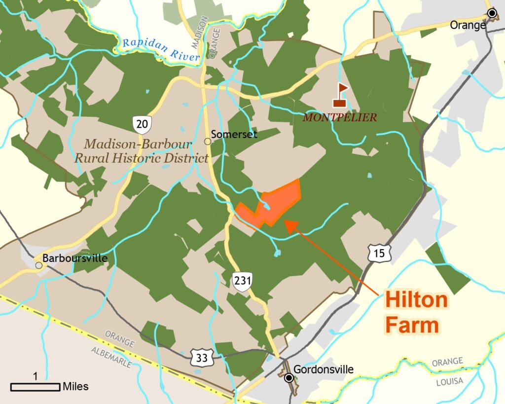 Map showing Hilton Farm location, surrounded by conserved lands and located in the Madison-Barbour Rural Historic District