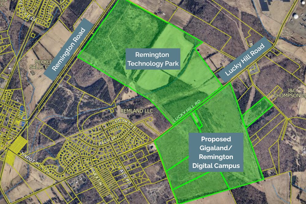 Map showing two data center properties, the already-approved Remington Tech Park and the proposed Gigaland/Remington Digital Campus side-by-side, emcompassing 430 acres of land.
