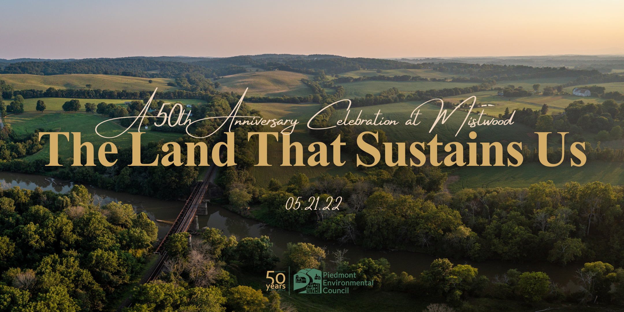 aerial image of conserved land near a river with text that sats "A 50th Anniversary Celebration at Mistwood: The Land That Sustains Us"