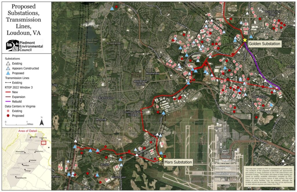 A map of current and proposed transmission lines in Loudoun County.