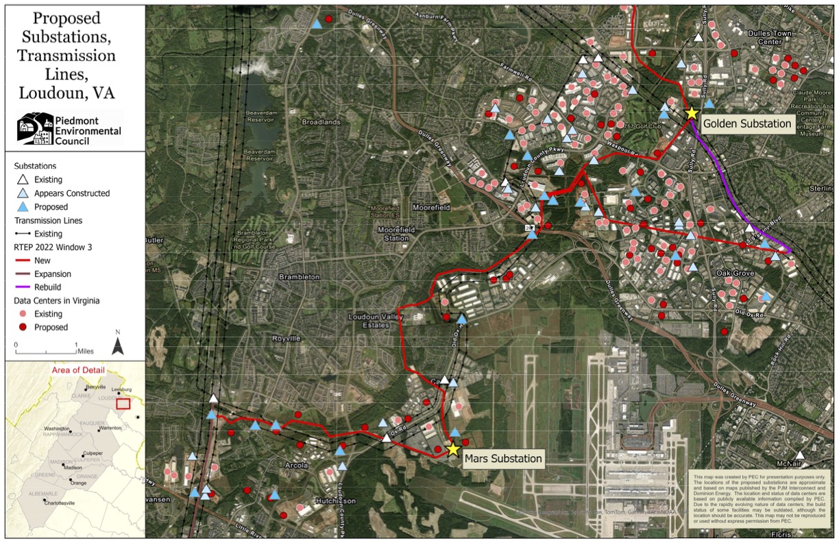 A map of current and proposed transmission lines in Loudoun County.