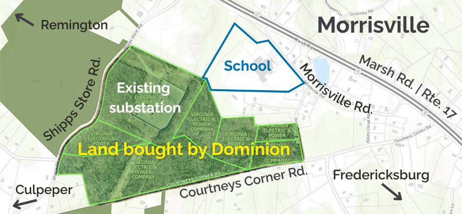 Map of Morrisonville, VA in Fauquier County showing property owned by Dominion Energy outlined in green.