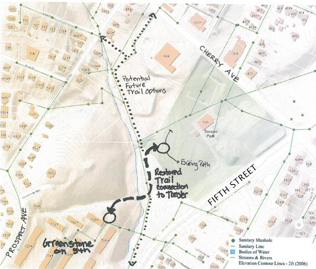 map that shows the neighborhoods around Tonsler Park, including the proposed trail