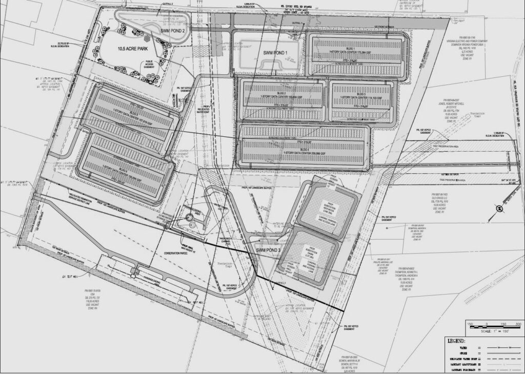 Black and white site plan drawing of the Gigaland/Remington Digital Campus data center complex, showing the various buildings and other structures and features planned for the property.