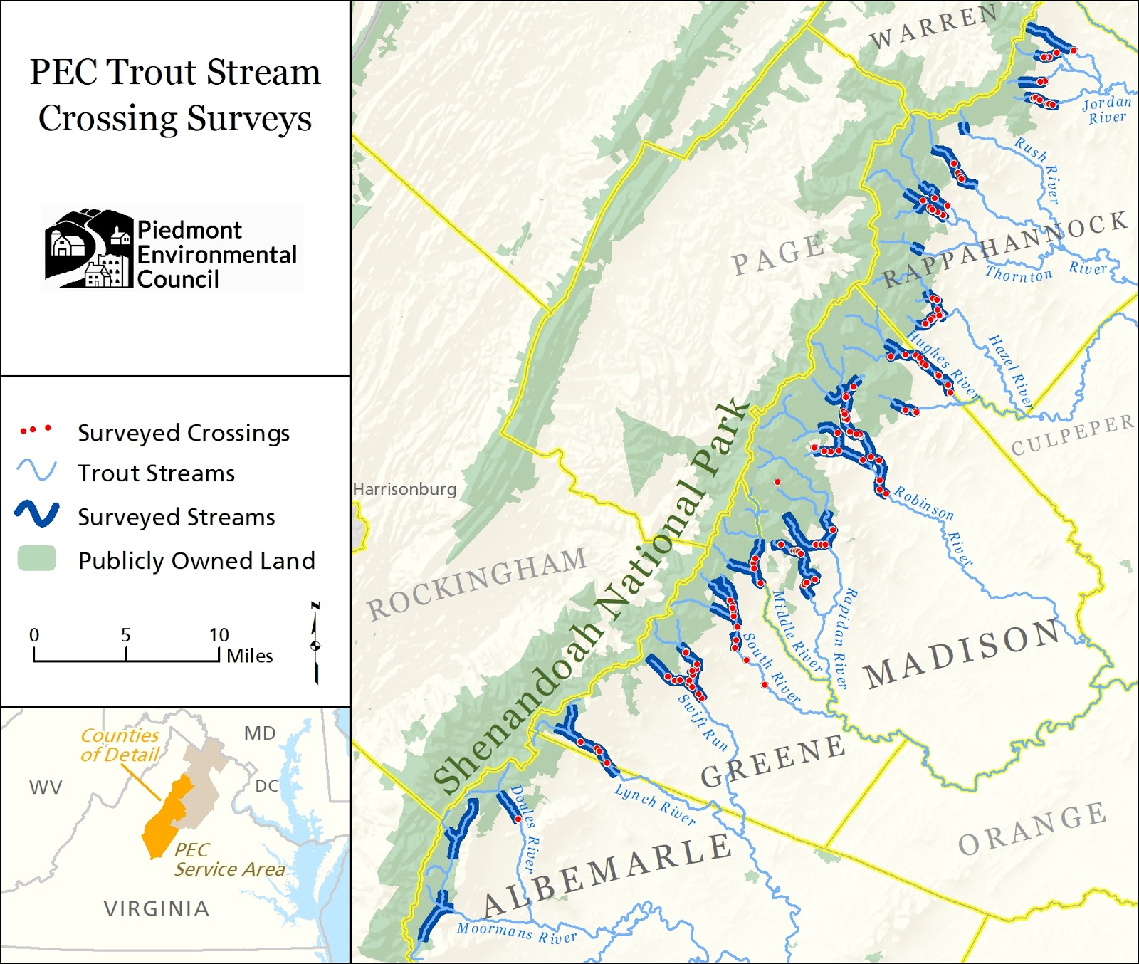 map of trout streams surveyed with crossings indicated