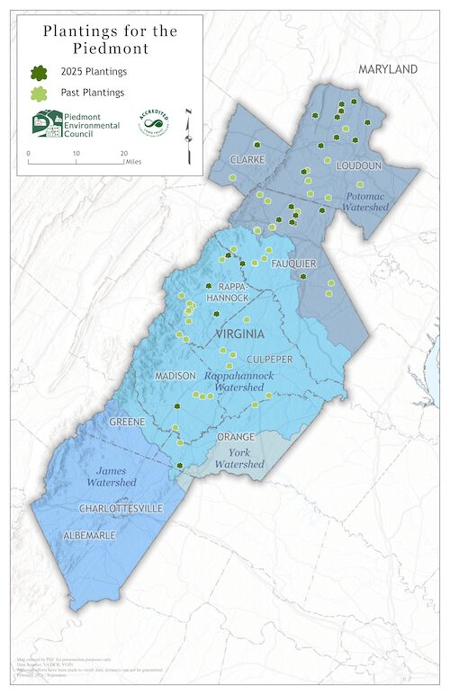 Map showing tree planting locations in the Virginia Piedmont