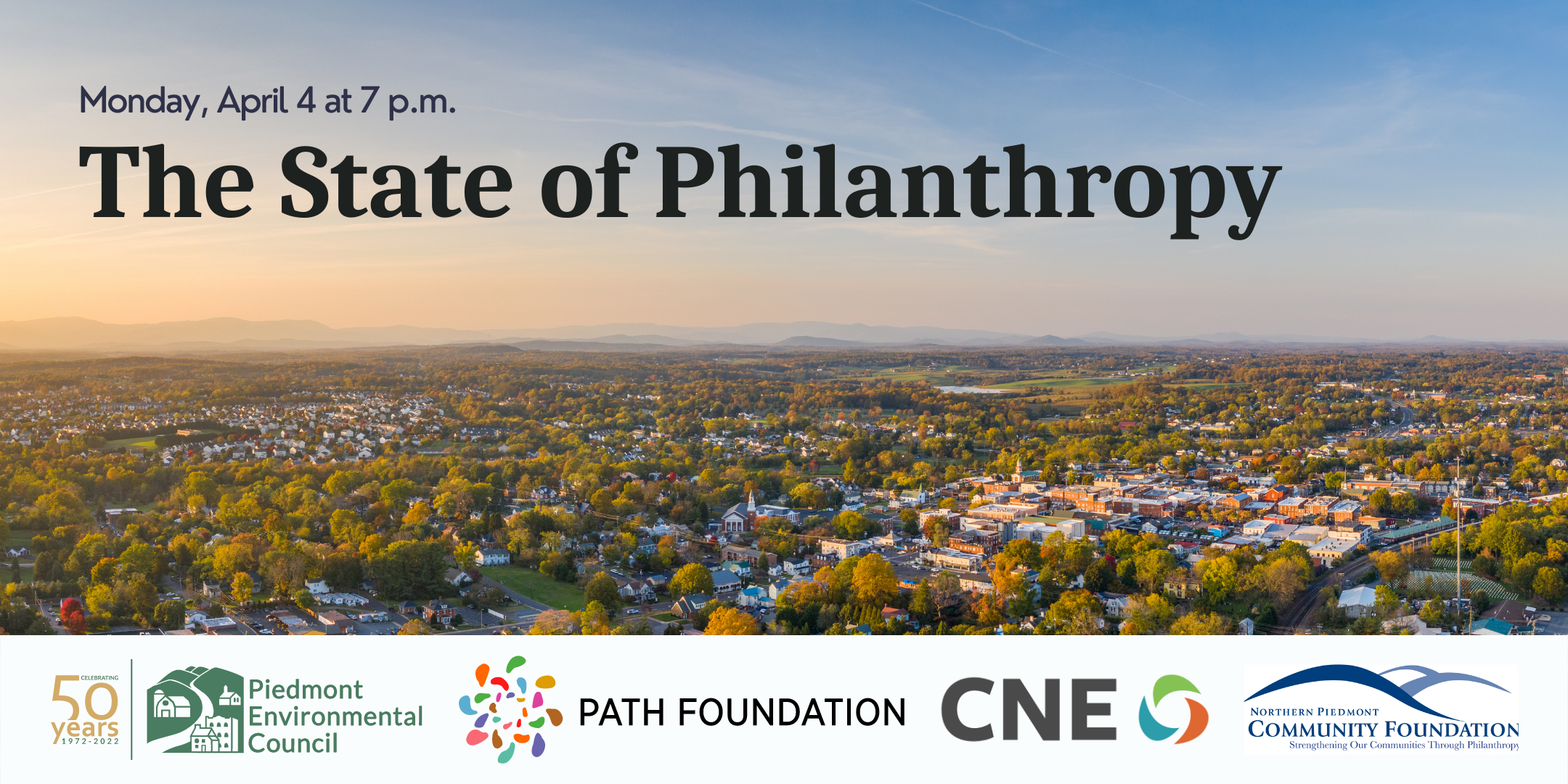 aerial landscape image of a town in spring with text that says "The State of Philanthropy"