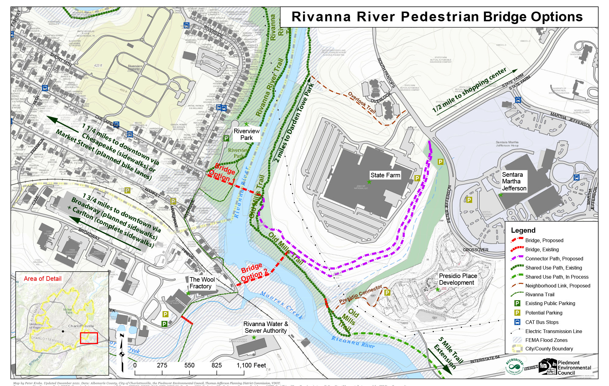 map of two bridge options over the Rivanna River