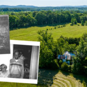 two historical black and white images of a couple overlayed on an aerial image of a farm property