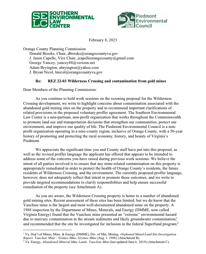 SELC & PEC Joint Letter to Orange County Planning Commission