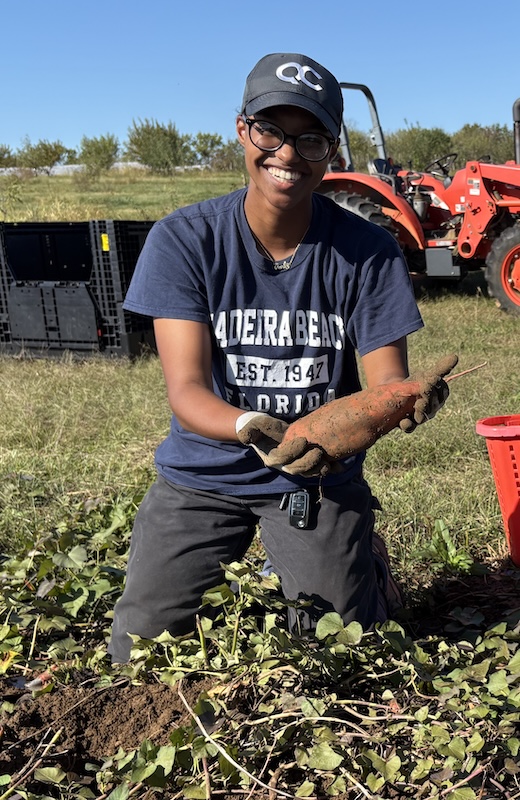 Sara Gouda harvesting sweet potatoes outdoors, smiling at the camera.
