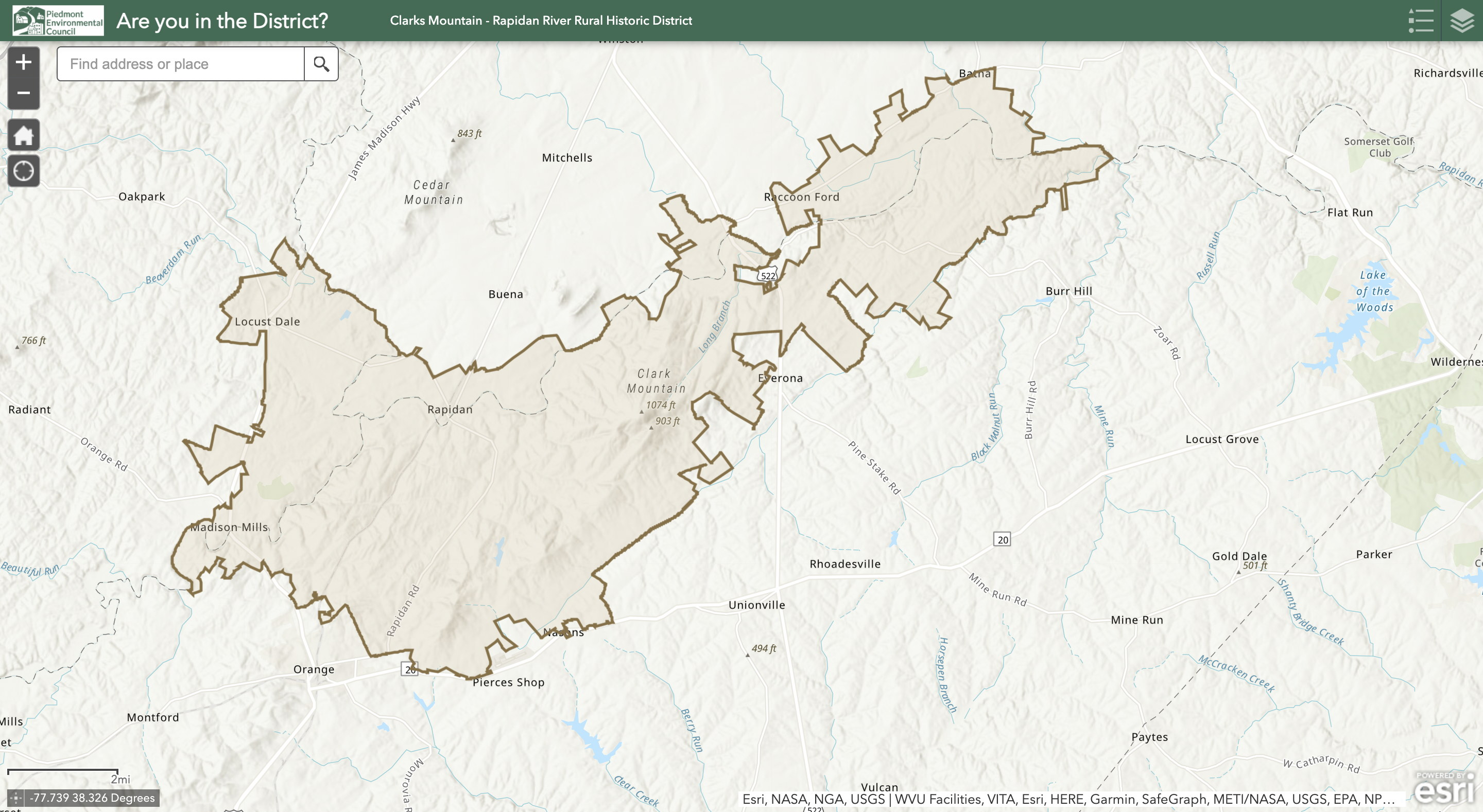 screenshot of an interactive map with the rural historic district boundary