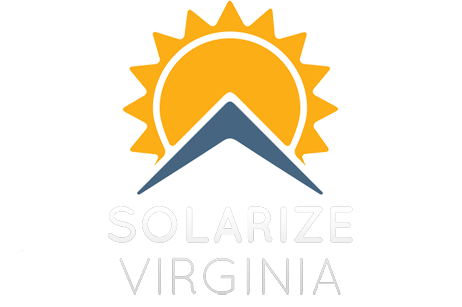 white "Solarize Virginia" text with a blue triangle with a gold sun