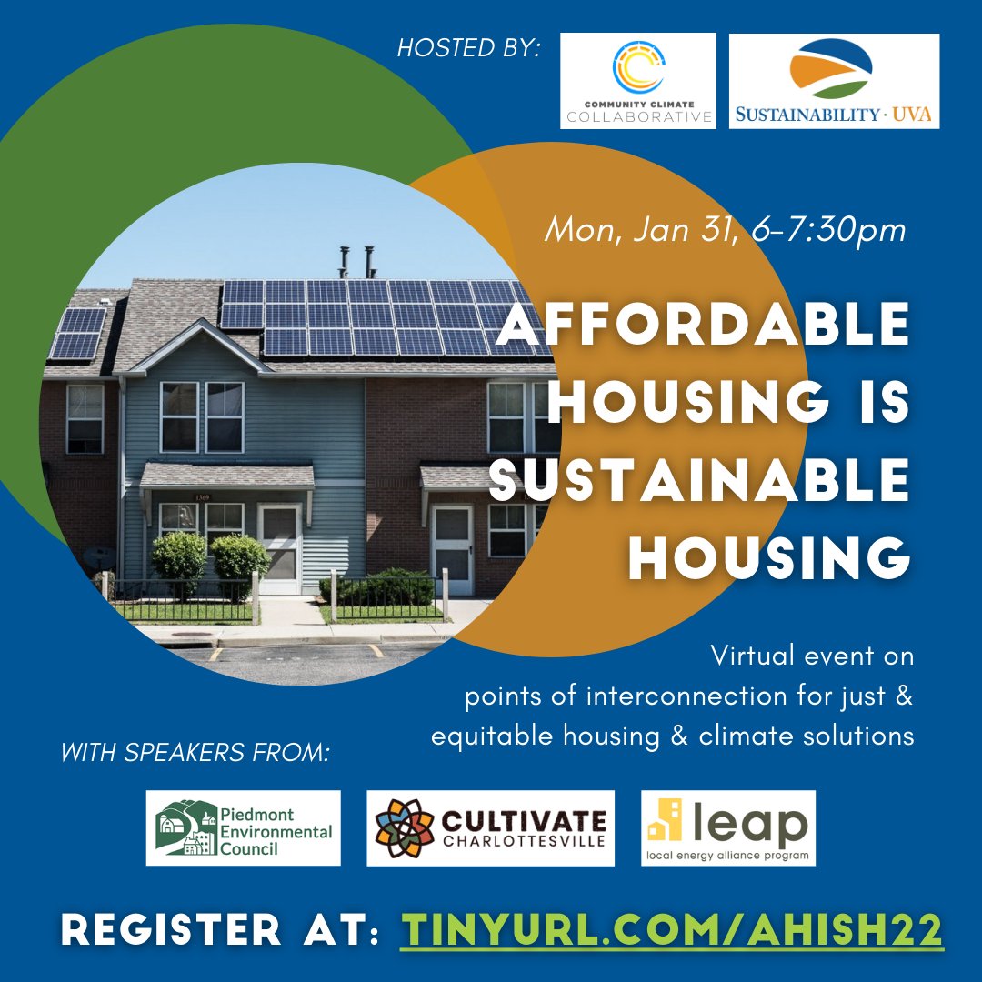 blue, orange and green graphic with white text that says "affordable housing is sustainable housing" with an inset image of a home with solar panels