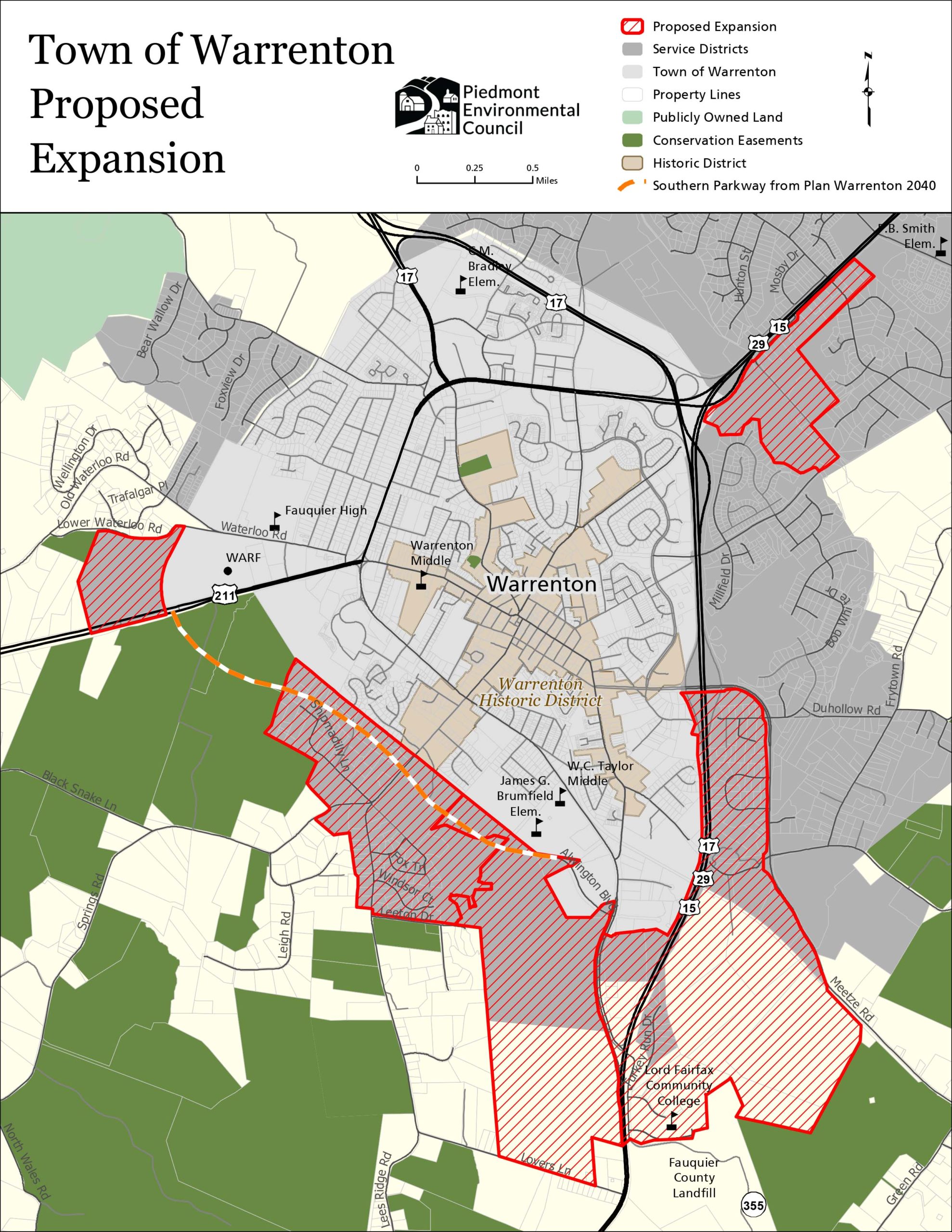a map of Warrenton that shows red areas of expansion