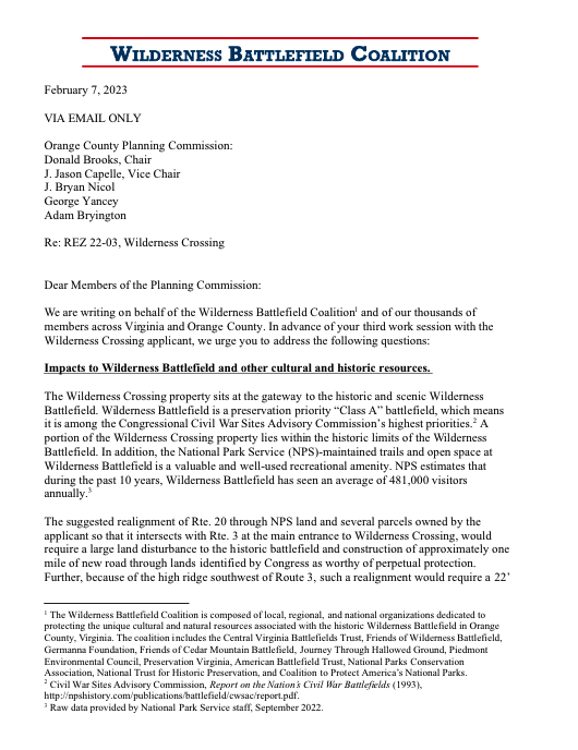 Wilderness Battlefield Coalition Letter to Orange County Planning Commission