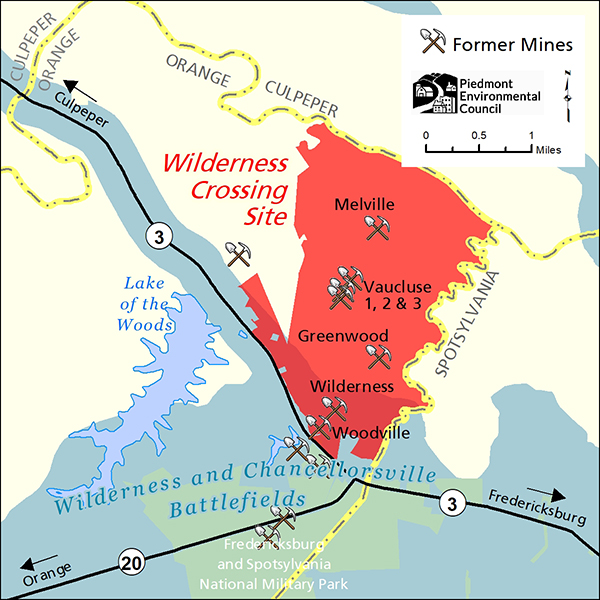 a map that show the Wilderness Crossing site in red, with at least seven former mine sites denote with pick axe symbols