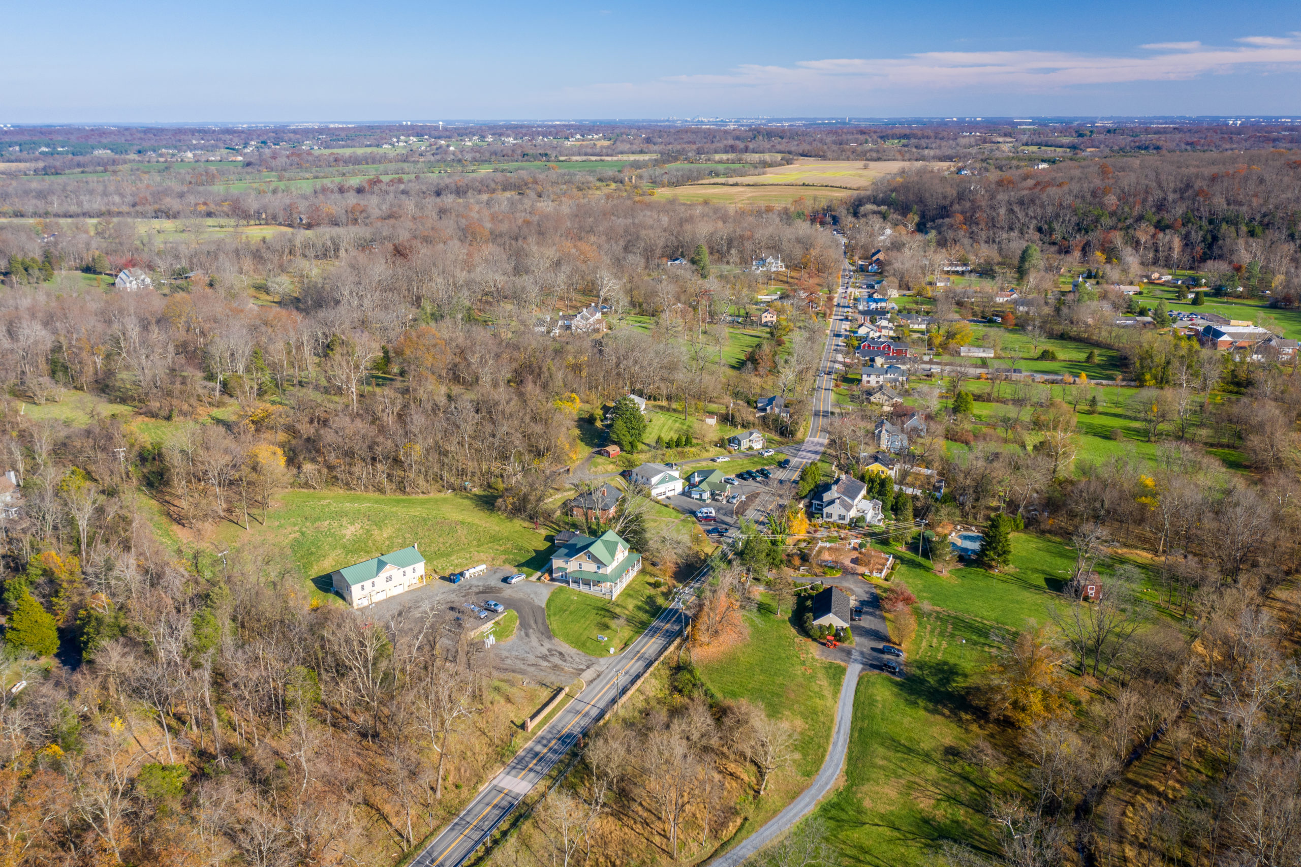 drone image of the village of aldie
