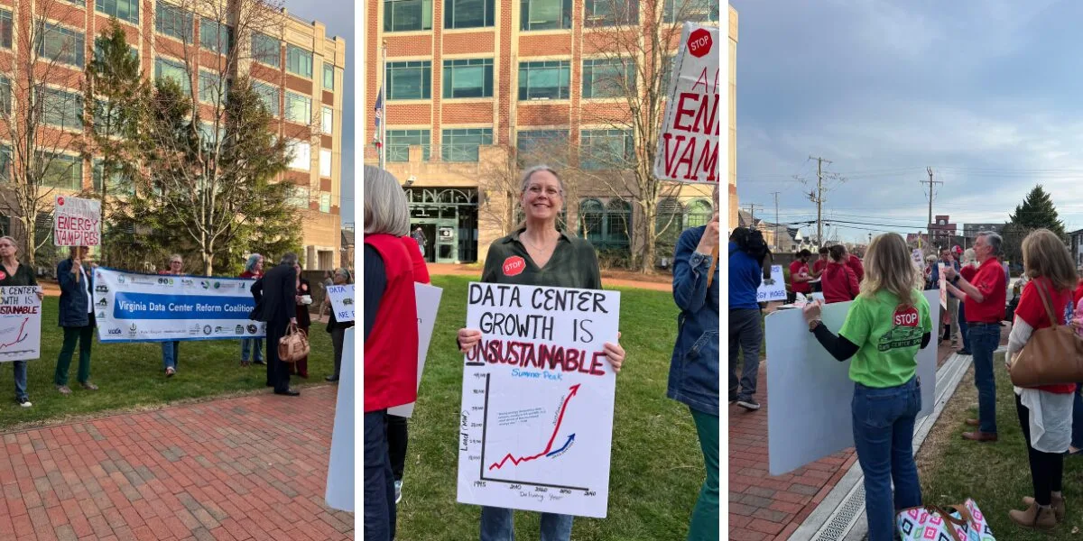 collage of three images with people wearing red and holding up handmade signs about data center development