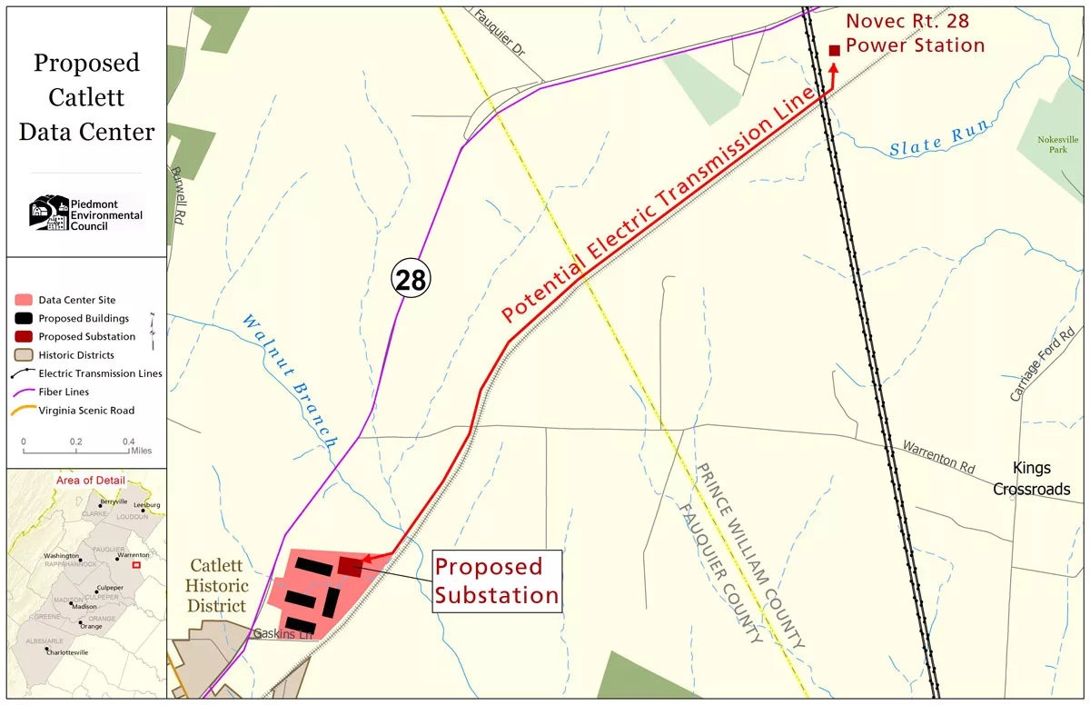 map of proposed catlett data center, substation and red line of potential transmission line following the railroad