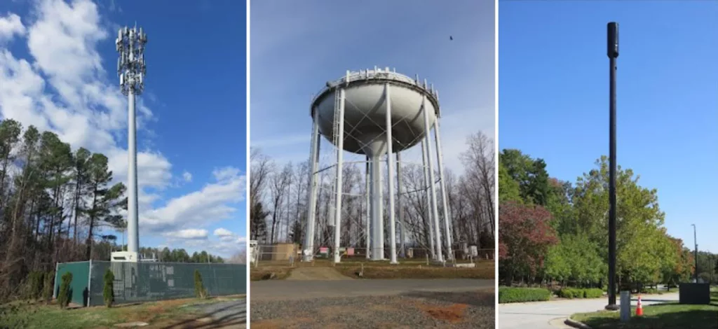 photo of a tall white cell tower above the surrounding trees, a photo of a water tower, and a photo of skinny black pole housing a cell antenna