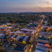 aerial image of downtown Culpeper in the evening