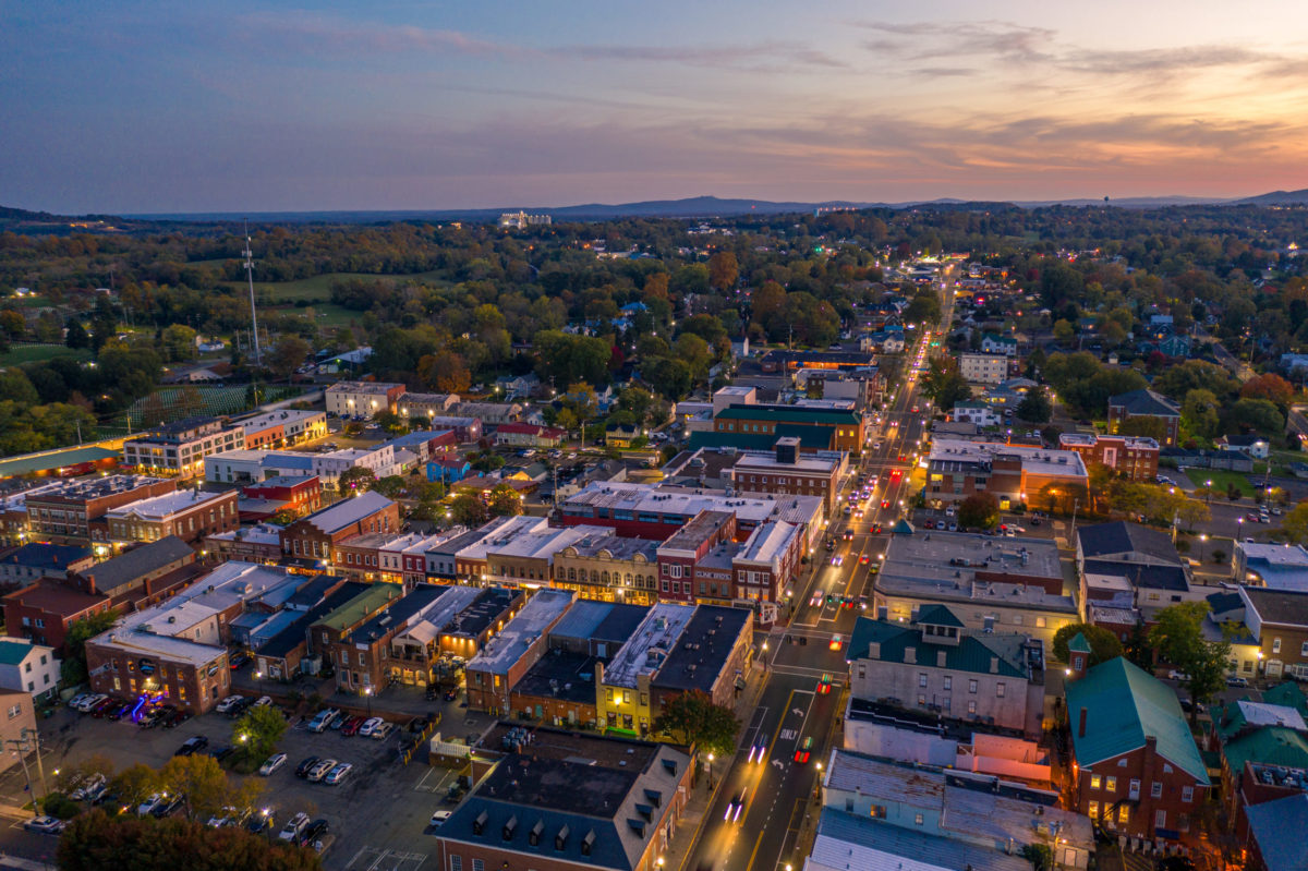 aerial image of downtown Culpeper in the evening