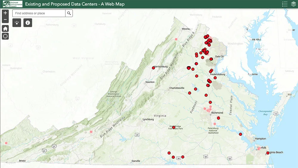 screenshot of data center web map