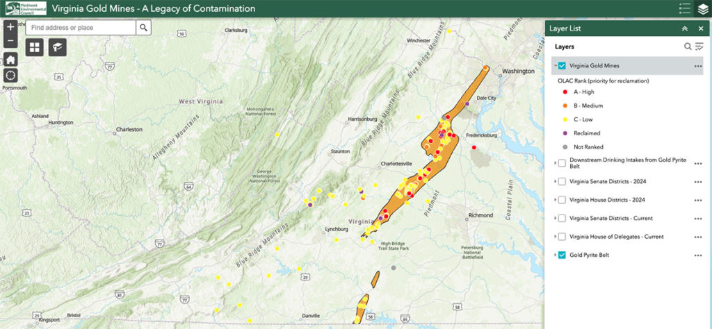 Virginia’s Former Gold Mines with Priority Level for Reclamation – PEC WebMap
