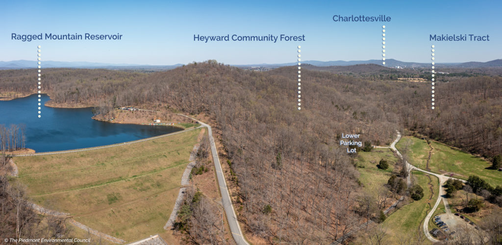 aerial photo of ragged mountain reservoir, heyward community forest