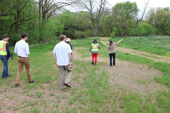 A group of people walk through a park.