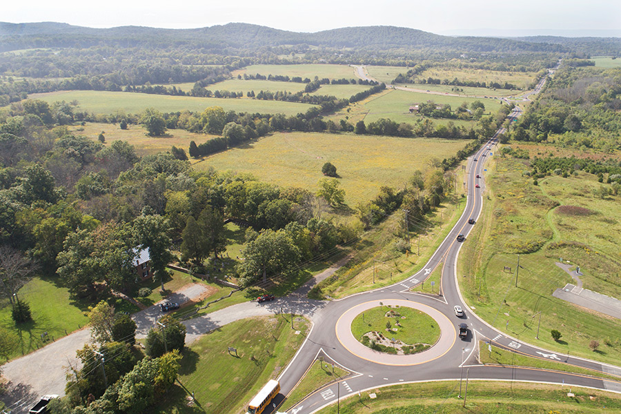 aerial view of farmland and rt. 50 roundabout
