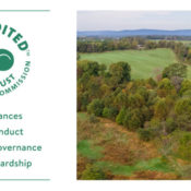 land trust accreditation logo and aerial photo of farmland
