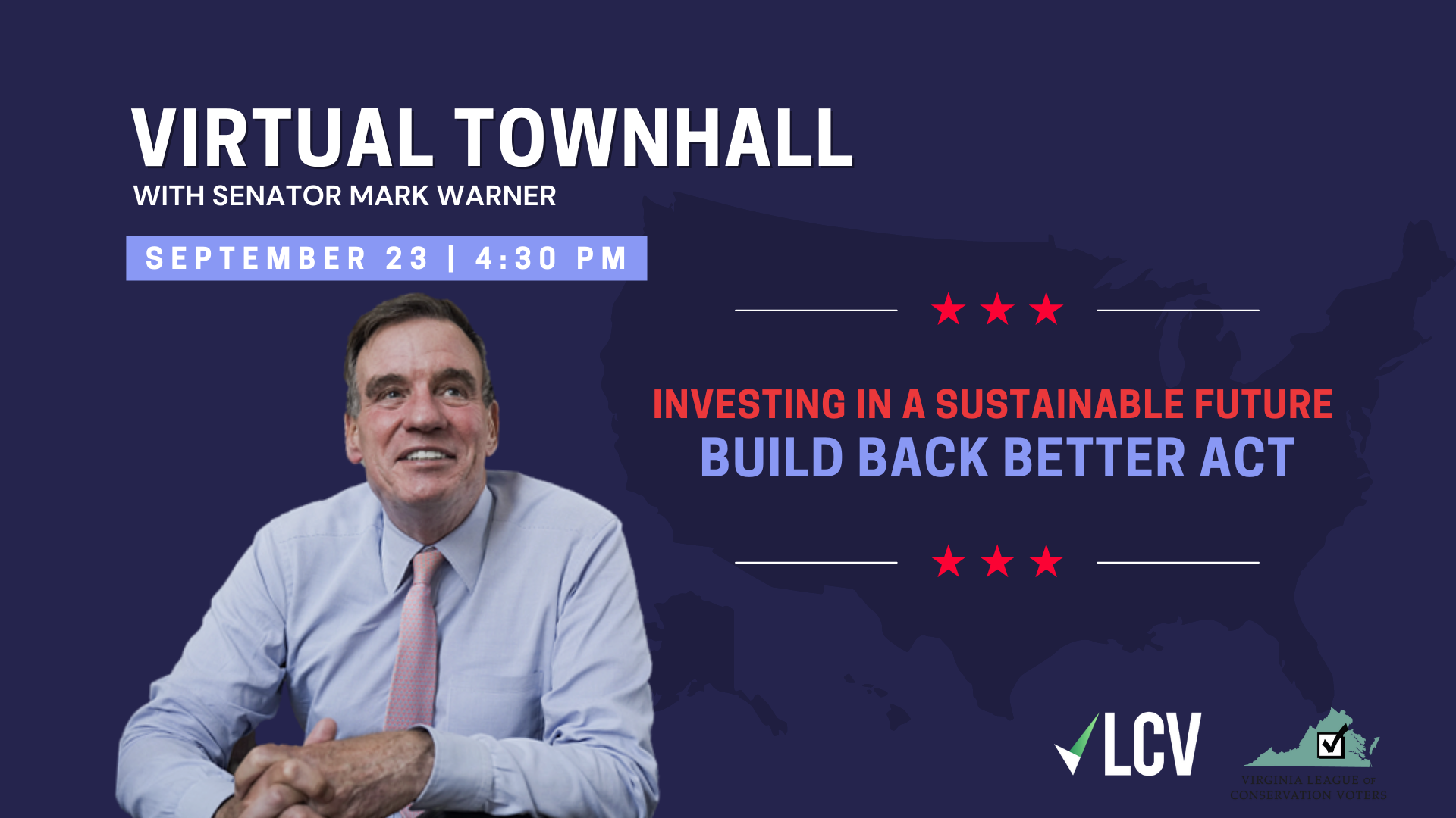 image with Mark Warner and text about the virtual townhall