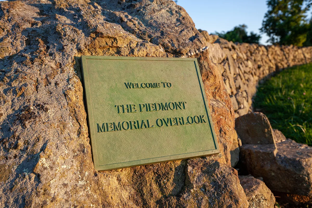 Welcome to The Piedmont Memorial Overlook plaque on a rock wall