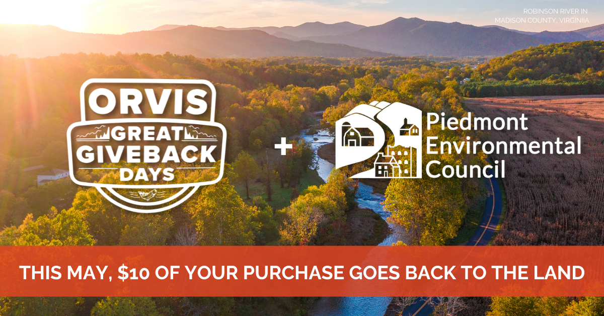 orvis and pec logo in front of sunrise photo of forest, field, river and mountains