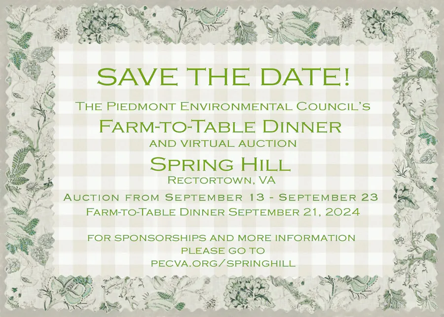 save the date invitation for pec's farm-to-table dinner on september 21, 2024 at spring hill farm