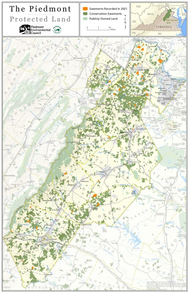 map showing pec's 9-county region, green areas that are conserved, orange areas with new easements
