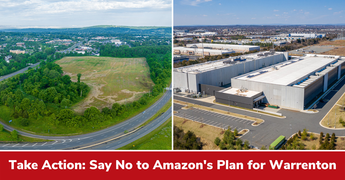 two side by side images, one of the proposed data center site, another of a data center in Loudoun County